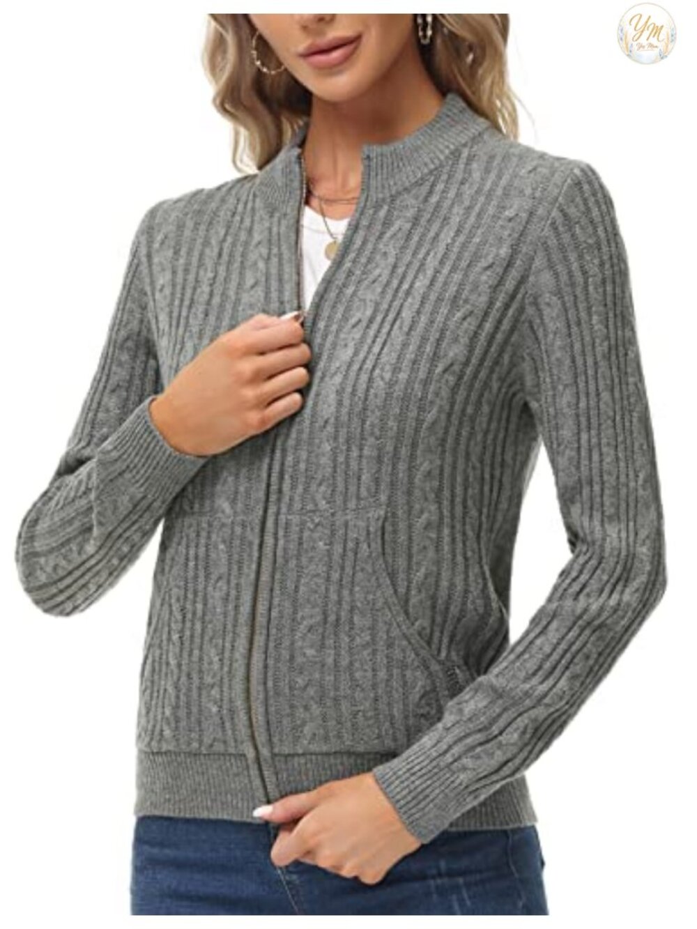 Women's Cable Knit Cardigan with Pockets, Zip Up Sweater Coat